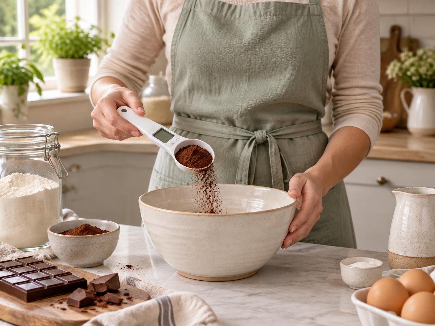 Woman precisely measuring cocoa into a mixing bowl